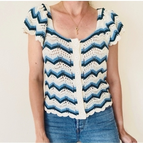 NWT Broadway 38 crochet open knit striped boho button down sweater zigzag XL - Picture 1 of 11